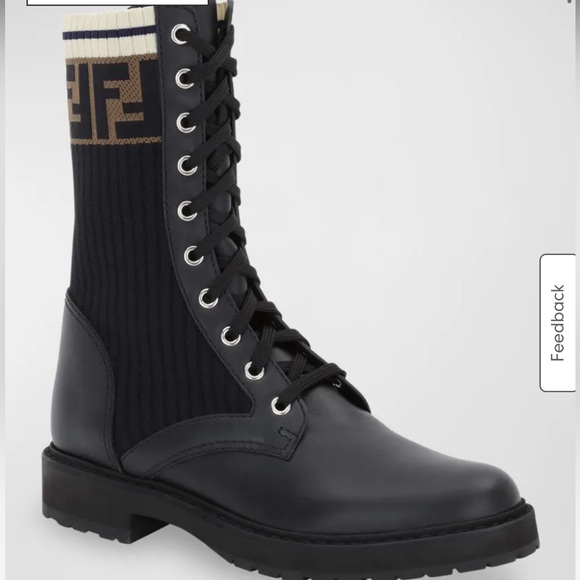 Fendi Black Leather Combat Boots with FF Cuff Size 38  fendi rockoko boots - Picture 1 of 8